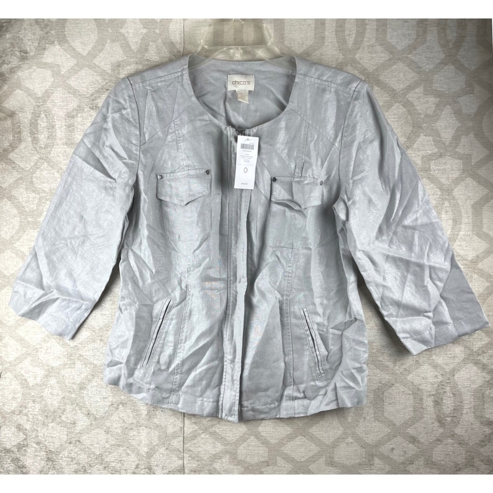 Chico's Foiled Linen Shine Women 0 S Silver NWT 3/4 Sleeve Zip Jacket Metallic